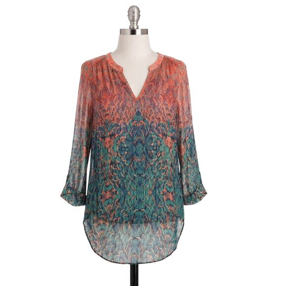 Lucky Brand Tops - Lucky Brand Sheer Peacock Print Blouse | Boho Sheer Tunic Top | XS